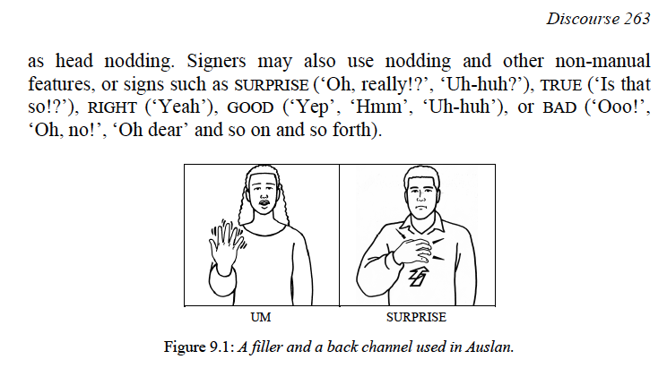AdamCSchembri's tweet photo. Thanks to @BBCRadio4, lots of people now know more about sign names, and about mine in particular. It's similar to the sign SURPRISE below (from Johnston &amp; Schembri, 2007). It can be used as a backchannel to mean something like 'uh huh' or 'oh really?'. Guess who overgeneralised? https://t.co/AlbwSAUonB
