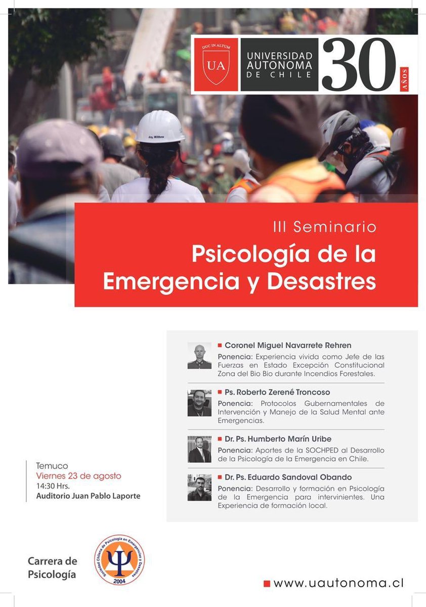 eduardo_enrique's tweet photo. Acompáñennos en esta actividad gratuita! Por una cultura de la prevención! @autonomadechile @AutonomaTemuco @ciencias_chile @UAinvestigacion @tuniverciudad @municipiotemuco @onemichile @cpsicologos @SOCHPED @AustralTemuco @bomberostemuco @CarabAraucania @araucanianews https://t.co/yfP0irZG3D