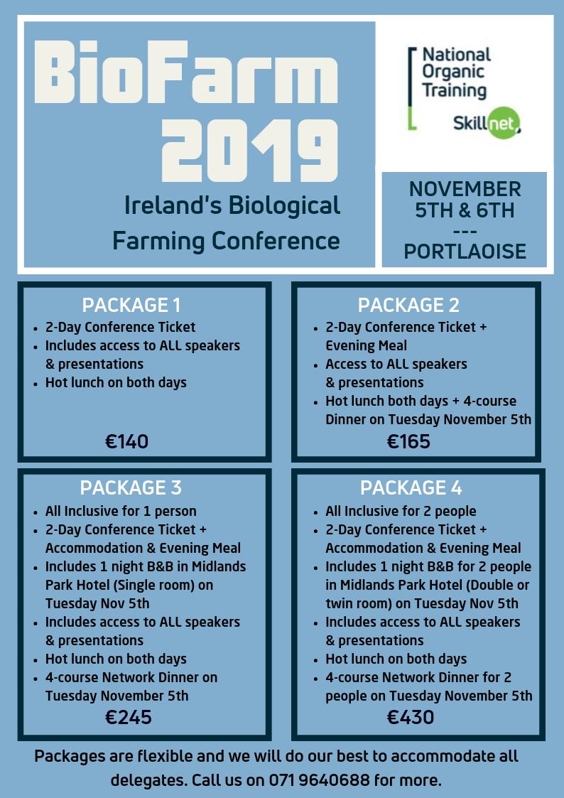 NatOrgSkill's tweet image. A detailed breakdown of the BioFarm 2019 ticket packages. Please note that Package 3 &amp;amp; 4 (accommodation options) are limited! Book your place ASAP through us to secure your room in the @MidlandsPark. nots.ie/courses/biofar… #BioFarm2019 #BiologicalFarming #RegenerativeAgriculture