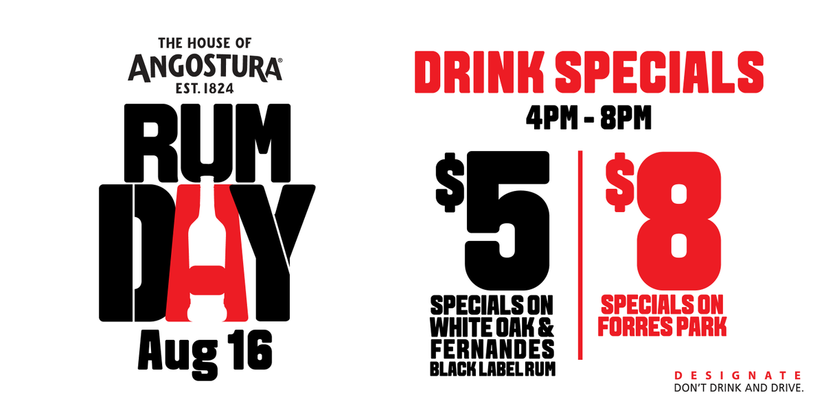 WhiteOakTT's tweet photo. #RumDay2019 is here! THIS FRIDAY get drink specials from 4PM - 8PM on White Oak, Fernandes Black Label Rum &amp; Forres Park Puncheon Rum!

FIND A BAR AT https://t.co/HAfCC52cvp

Where will you be celebrating Rum Day this year?
#August16 #RumDay #WeDey #Designate #DontDrinkandDrive https://t.co/hIAdoCyfmU