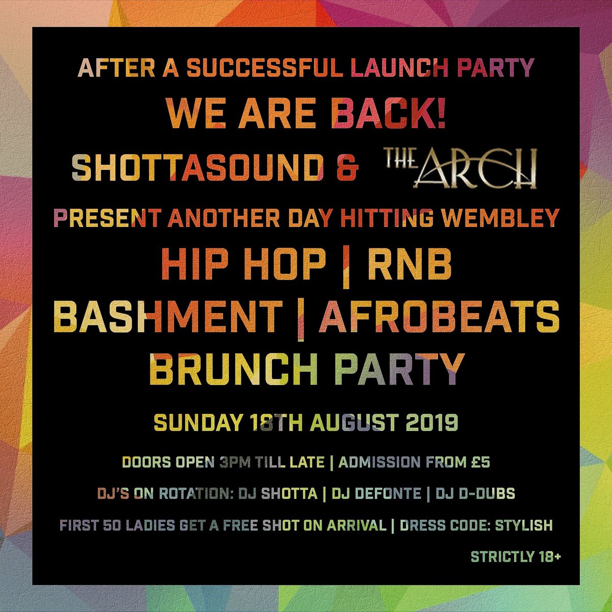 This #Sunday sees the return of our #HipHop #Rnb #Bashment and #Afrobeats Brunch Party presented in #collaboration with #Shottasound. Be sure to get #tickets to make sure you don't miss out on this #iconic #event. #Brunch #PartyTime #Wembley #DJ #Music #Dance