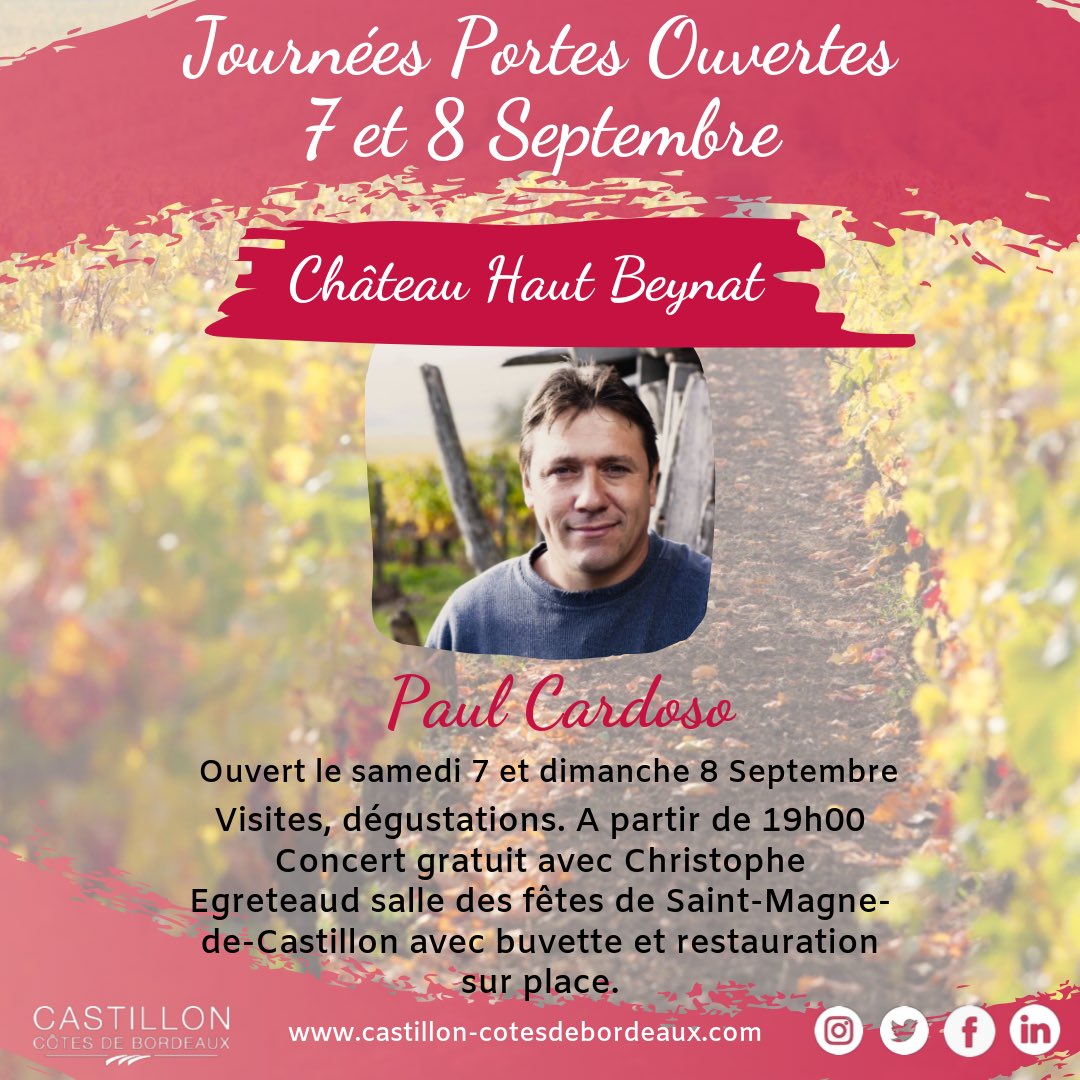 PORTES OUVERTES
Découvrez 3 de nos vignerons qui vous feront découvrir l'Appellation lors des portes ouvertes du 7 &amp; 8 Septembre :🍇Château Roquevieille 🍇Château Fontbaude 🍇Château Haut Beynat
Notre programme : bit.ly/portesouvertes… 
#achacunsoncastillon #vinsdebordeaux