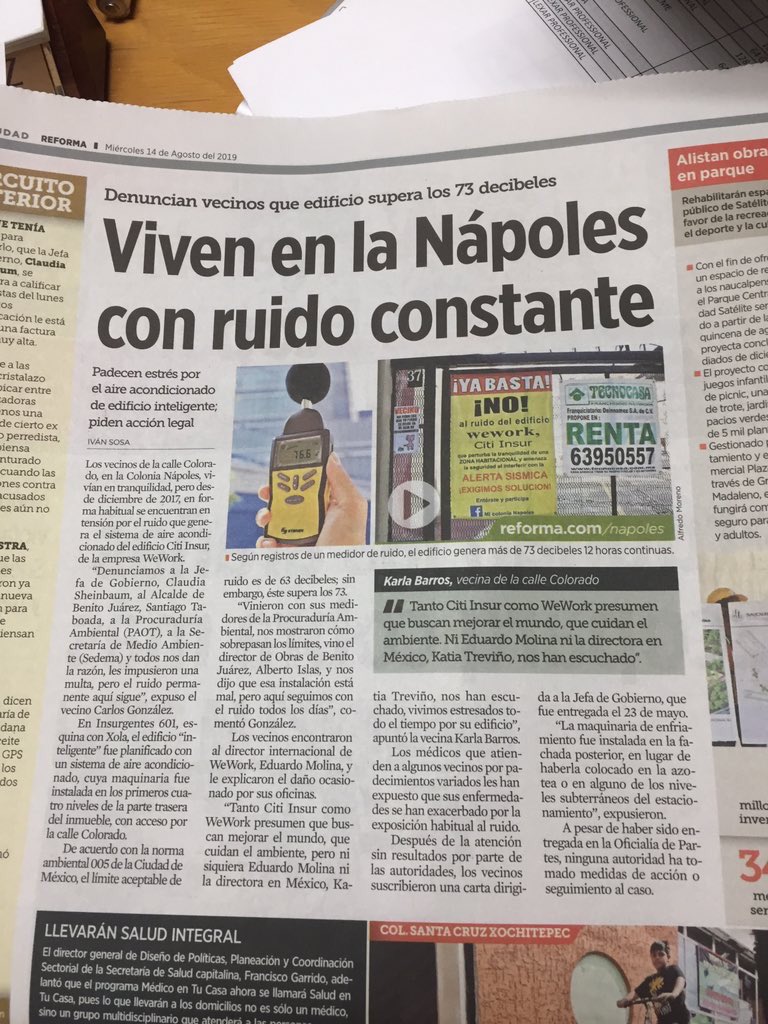 La administración del edificio de @WeWorkMEX en Insurgentes no entiende que si no arreglan el problema del ruido de su edificio ponen en riesgo a los vecinos ya que no se escucha la alerta sísmica ni se puede dormir <a href="/LaNapolesCdMx/">La Nápoles CdMx</a> #sismo Ayuda con sus RT para resolver el problema
