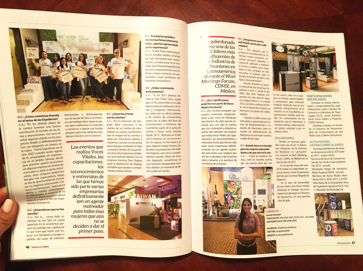 araalvaradohn's tweet image. Les comparto este reportaje de la Revista Hablemos Claro donde hablo sobre mi historia como emprendedora, algunos consejos, actividades extra curriculares, reconocimientos y mi experiencia como miembro de la red de Voces Vitales Honduras  #Diosprimero #feliz #pasion #voluntad
