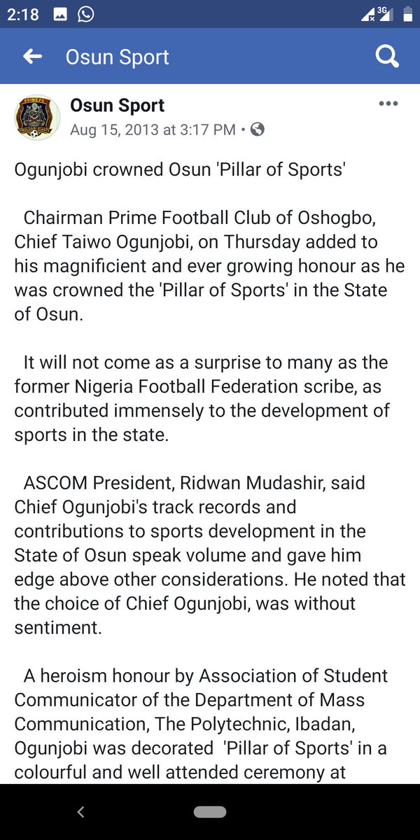 ipoola2013's tweet photo. TB - On this day August 15, 2013 late Chief Taiwo Joseph Ogunjobi was decorated as Osun 'Pillar of Sports' by Association of Student Communicator ASCOM, of the Department of Mass Communication, The Polytechnic, Ibadan.
#RIPTJO
#RestOnTJO
#RestOnOracle
#RestOnFiwajoye https://t.co/ZmkKC7jKI4