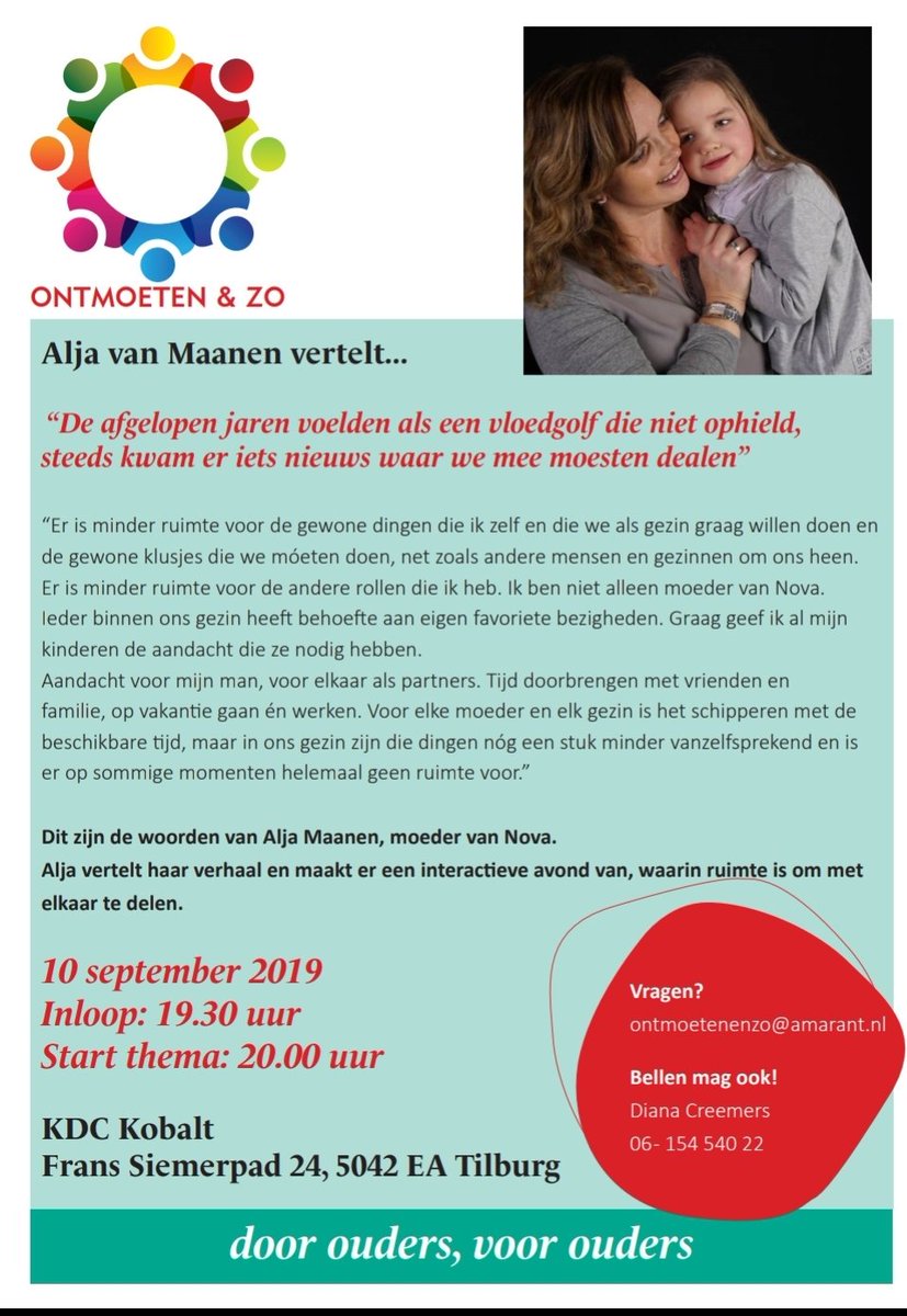 10 september start Ontmoeten &amp; Zo met Alja van Maanen, zij vertelt als moeder over de impact van een ontzettend lief zorgintensief kindje. Kom je ook?
