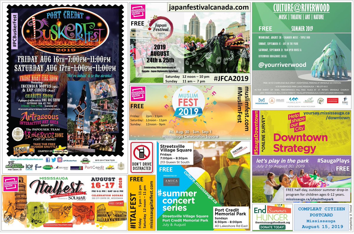 COMMUNITY CALENDAR: Compleat Citizen Postcard (sent August 15, 2019). Events for #Mississauga + Villages 🎉🇮🇹🇯🇵☀️⛲🎠🚍🎈🤹‍♂️🎪💃🏽🎶🎻🎨🎭🌅🎻🎤🎸🏢💻💬🍽📅📌 Check *tagged* accounts (below image) for more info. 🔎 ZOOM: bit.ly/33C7QFU