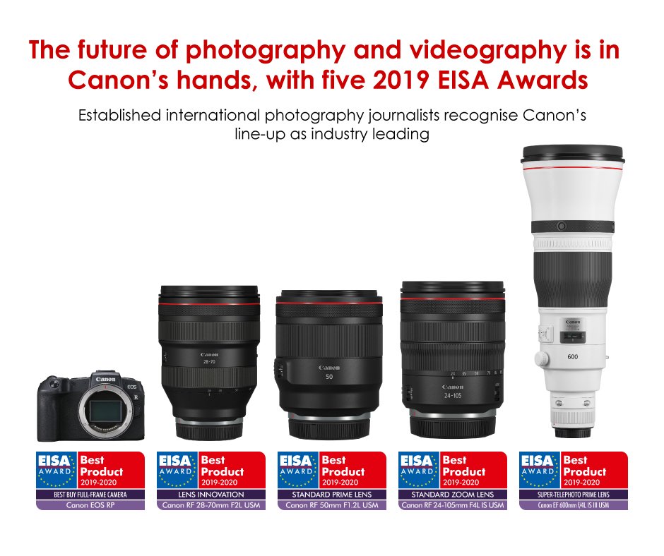 CanonRSA's tweet photo. The 2019 EISA Awards showcase Canon’s unrivaled optical excellence and heritage, with the awards going to the EOS RP alongside RF and EF lenses. Go us! :) https://t.co/p32PuTQmrD