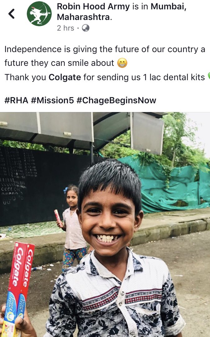 vchatting's tweet photo. #KeepIndiaSmiling  
Colgate believes,‘Everyone deserves a future to Smile about’. This #IndependenceDay #ColgateIndia partnered with #RobinHoodArmy to bring smiles to 5million people by distributing  #Colgate toothpaste packs. #TeamColgate .@CP_News @Colgate https://t.co/ayD5BGDjLz
