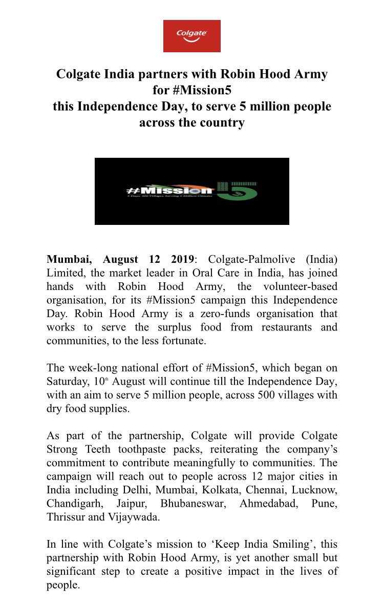 vchatting's tweet photo. #KeepIndiaSmiling  
Colgate believes,‘Everyone deserves a future to Smile about’. This #IndependenceDay #ColgateIndia partnered with #RobinHoodArmy to bring smiles to 5million people by distributing  #Colgate toothpaste packs. #TeamColgate .@CP_News @Colgate https://t.co/ayD5BGDjLz