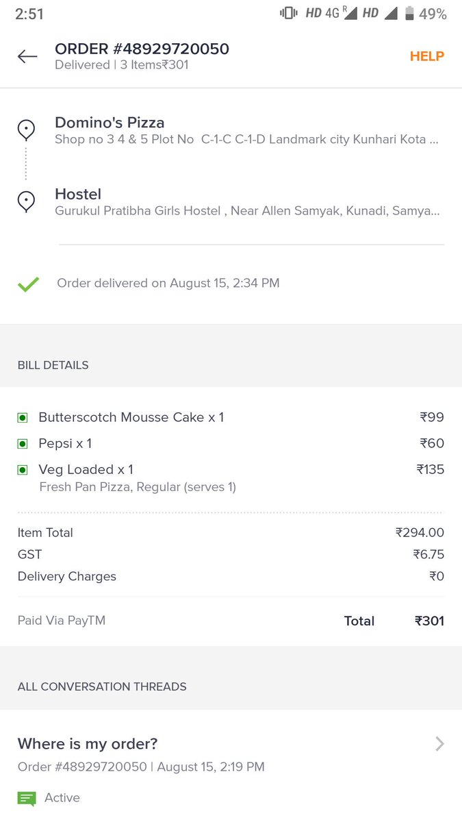 aishashu98's tweet photo. @swiggy_in got some good superpowers as of @dominos says the pizza is getting baked and @swiggy_in says they have delivered the pizza. I don't have any options for cancellation or any point of contact with the delivery guy.😤😤 https://t.co/bO2JOo5TqV