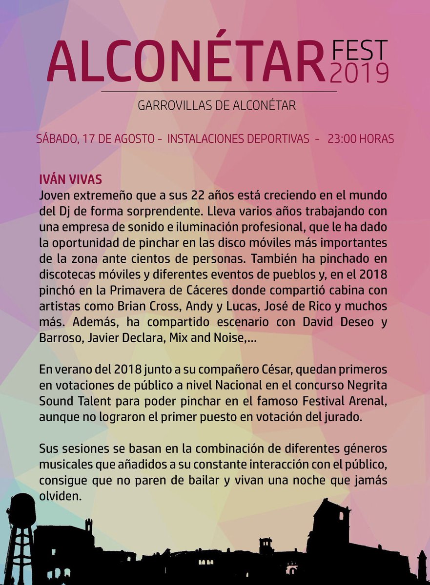 ℹ️ GRUPOS.
➡️ Ivan Vivas (Dj).

ALCONÉTAR FEST 2019:

📆 17 de agosto.

🏟 Instalaciones deportivas.

🕰 23:00h (aperturas de puertas 22:30h).

ENTRADAS ANTICIPADAS YA A LA VENTA EN:

🎟 Frutos Secos Diego.
🎟 Golosinas Arcoíris.
🎟 Ticketea.