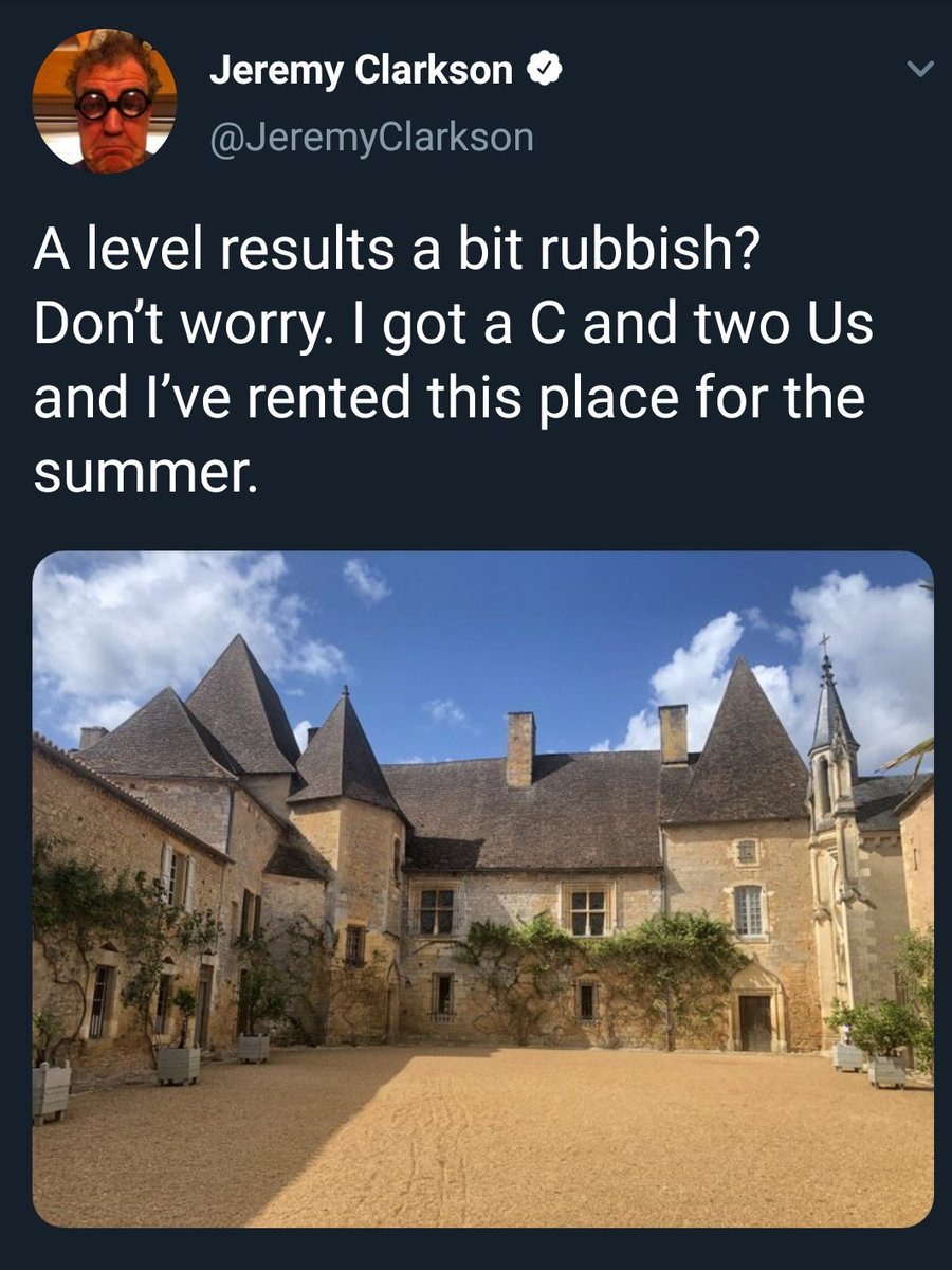 DrakesWriter1's tweet photo. Jeremy Clarkson annual #alevelresultsday tweets 😂. https://t.co/U2p94XV0JY