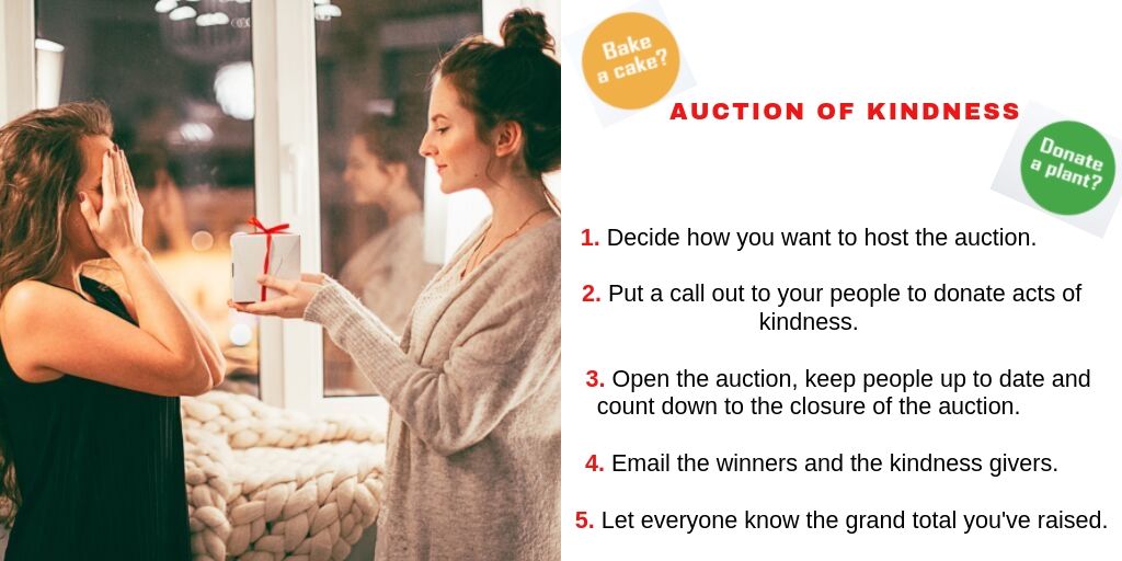 EventsRedCross's tweet photo. Inspiration #5. Auction of Kindness
Ask your people to donate kind acts that their colleagues can bid on. 
Contact us for posters and a guide full of tips! 

#Frideas #PowerOfKindness https://t.co/vis6s9y5Hg