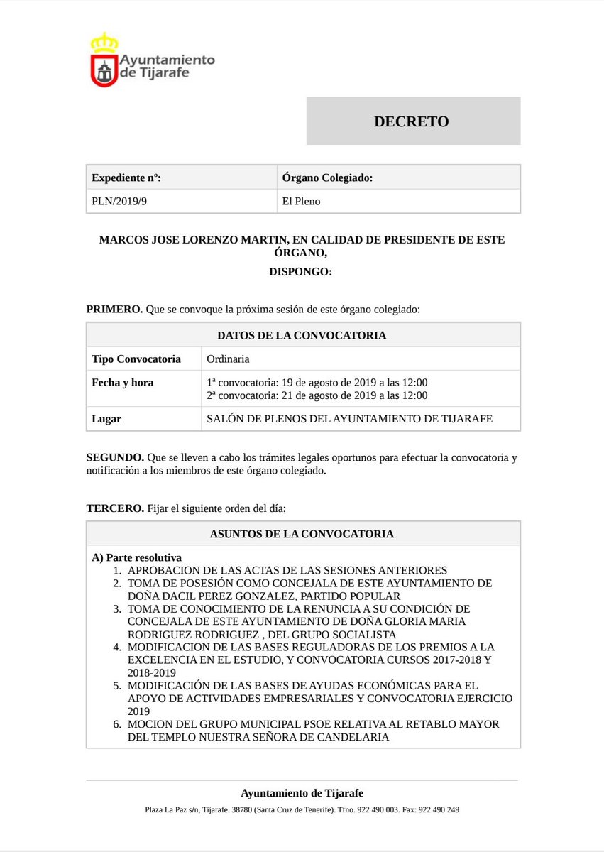 Tijarafe_PP's tweet photo. 🔝🔝 El próximo lunes 19.08.19 a las 12.00 hrs, se celebrará el pleno ordinario de agosto, primer pleno ordinario de legislatura. En él, tomará posesión como concejala, nuestra compañera Dácil Pérez González, que, por motivos personales, no había podido hacerlo hasta ahora. https://t.co/j7VX3NcO4o