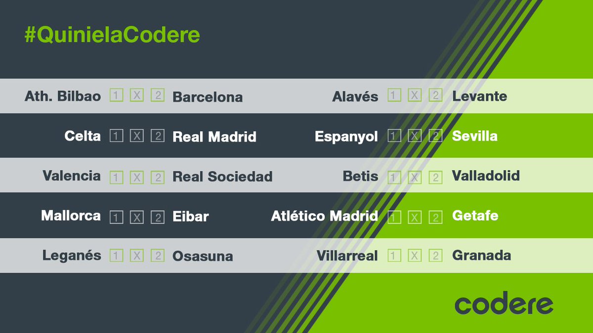 CodereApuestas's tweet photo. ¡Llega la primera #QuinielaCodere!

✅Síguenos
✅Acierta los 10 resultados
✅Usa #QuinielaCodere. 1 respuesta por usuario
💰FREEBET de 50€ para el 1º que acierte TODO

⚠️Si nadie acierta se acumula para la siguiente
🎁 SORTEO de FB de 5€ por RT

⏱Hasta el INICIO de la jornada https://t.co/7evvMWB8EE