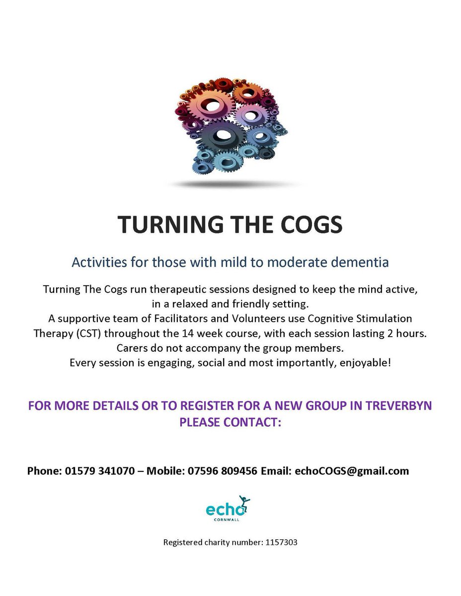TreverbynHall's tweet photo. #TurningTheCogs run #therapeutic #sessions for people with mild to moderate #dementia , designed to keep the mind active, in a relaxed&friendly setting. If you are interested in joining a new group @TreverbynHall contact 01579 341070 , 07596 809456 or email echoCOGS@gmail.com https://t.co/xvePd92MAJ