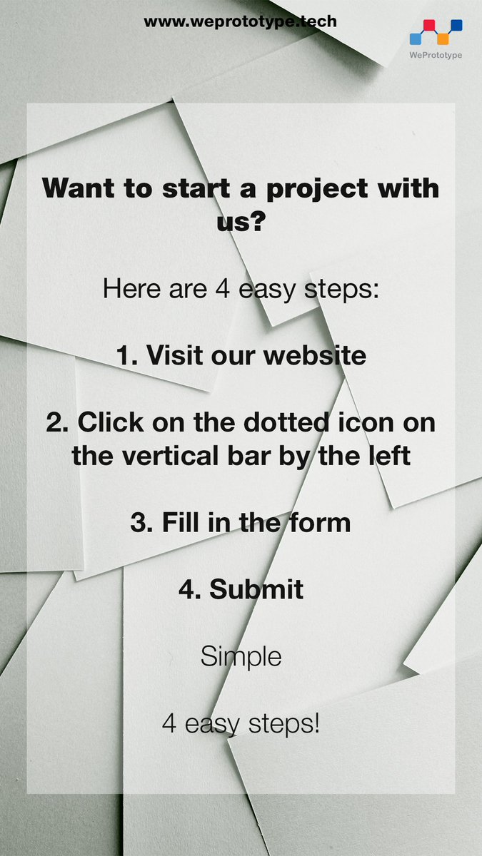 weprototype_app's tweet photo. Want to start a project with us? Follow these easy steps.
Website link is in our bio or you can send us a DM.
#weprototypeapps #prototyping #mobileappprototype #prototypes #mobileappdevelopmentcompany #apps #ios #andriod #business #startegy #ideas #flutter #googleflutter https://t.co/XPWpYm9Avr