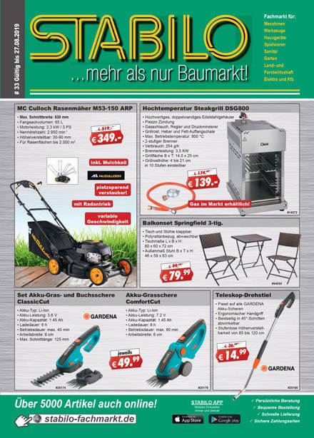 Stabilo Werbeprospekt KW 33 - gültig vom 13.08.19 bis 27.08.19. Die Angebote aus unserem neuen Werbeprospekt sind online: stabilo-fachmarkt.de/aktuelle-werbu…