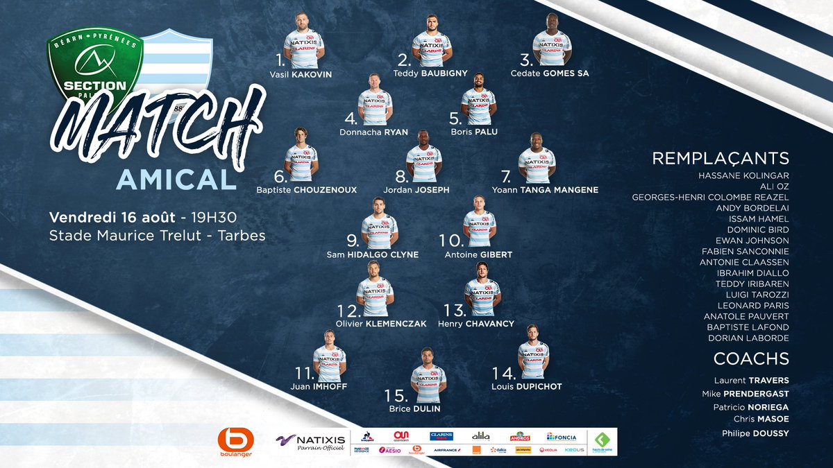 Racing 92 (@racing92) on Twitter photo 📋| Section Paloise vs Racing 92
🏔️v 🐘 Notre équipe pour affronter la <a href="/SectionPaloise/">Section Paloise Béarn Pyrénées</a> demain !
#SPR92 #RacingFamily 📋| Section Paloise vs Racing 92
🏔️v 🐘 Notre équipe pour affronter la <a href="/SectionPaloise/">Section Paloise Béarn Pyrénées</a> demain !
#SPR92 #RacingFamily