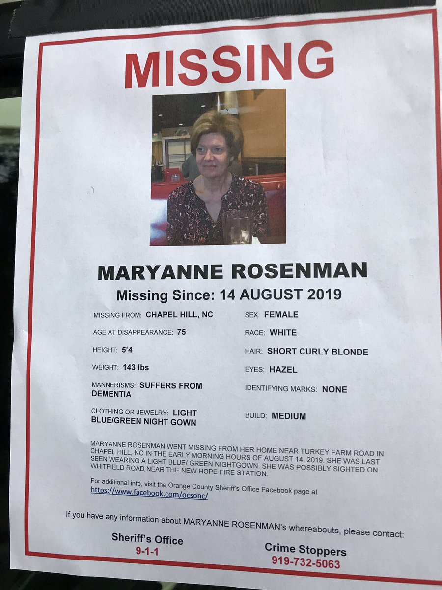 JoeFisherTV's tweet photo. *Retweet*
MISSING WOMAN: Mary Anne Rosenman disappeared early Wednesday morning in #OrangeCounry, north of #ChapelHill. Rescue crews & dogs are actively searching 24 hours later.
#MissingPerson #missingnc #northcarolina #searchandrescue #raleigh #durham #Fayetteville https://t.co/nlm68UAqhO