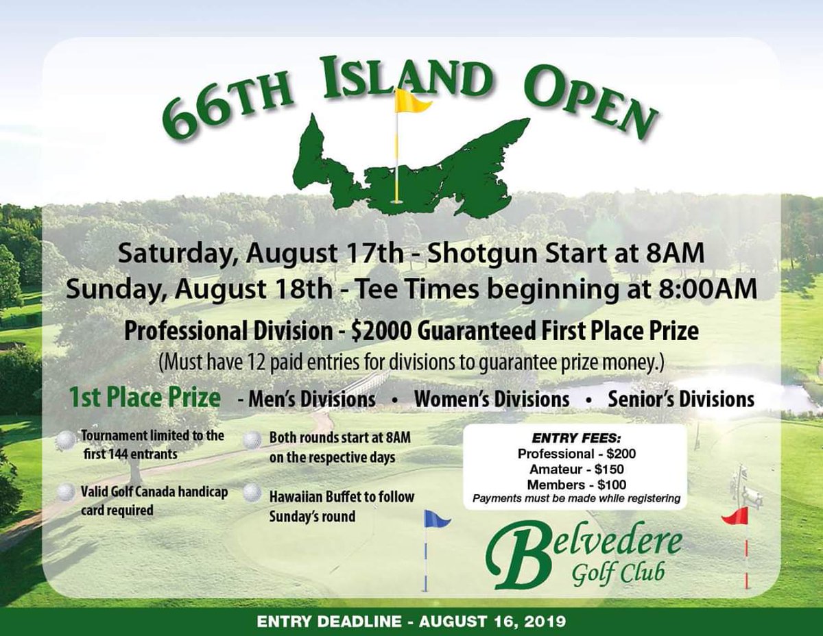 BelvedereGC's tweet image. Only two days until our 66th Island Open  and today is your last day to register! The forecast is perfect and our golf course is spectacular!! Don't delay and enter today! #prodivision #golfPEI #Tournament #Belvedere2019