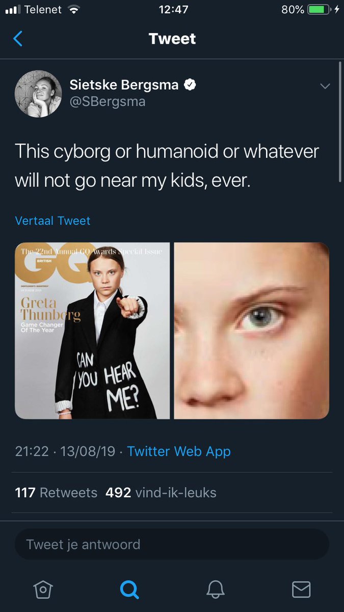 DonDams's tweet photo. Kritiek op de manier waarop Thunberg en anderen de klimaatkwestie aanpakken? Prima. Een puber uitschelden of doodwensen? Fret kak.  Echt waar: schijt in uw hand en fret. Het. Op. https://t.co/X3mmfk3hC4