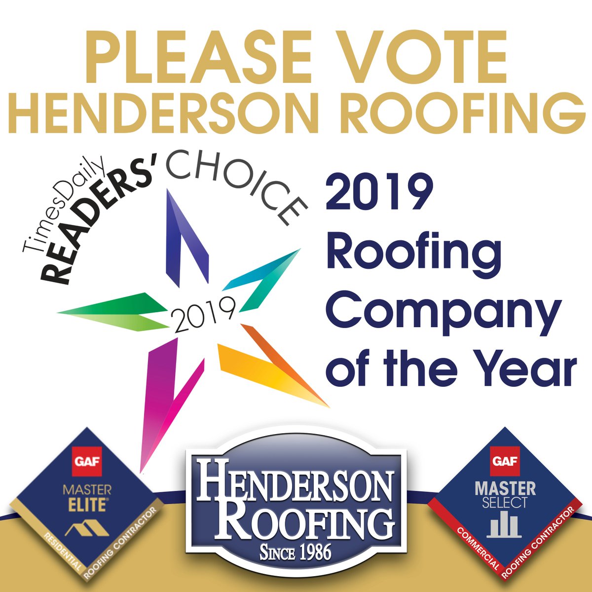 HendersonRoof's tweet photo. PLEASE VOTE!!!
HENDERSON ROOFING, INC for TimesDaily #ReadersChoice Roofing Company of the Year!
https://t.co/RUARInvQbS
#smallbusiness #residentialroofing #florence #tuscumbia #muscleshoals #sheffield #masterelite #masterselect #residentialroofing https://t.co/NhitG7eSqe