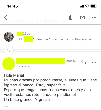 coderhouse's tweet photo. Estos son algunos de los testimonios que le llegan a Mery, nuestra Talent Manager💫 encargada de liderar este nuevo proyecto que traemos en Coder, donde ayudamos a nuestros alumnos, a cambiar su futuro profesional.
¡Muchas gracias a todos por confiar en Coderhouse!😎
#Nerds4Ever https://t.co/QoVVN9R02P