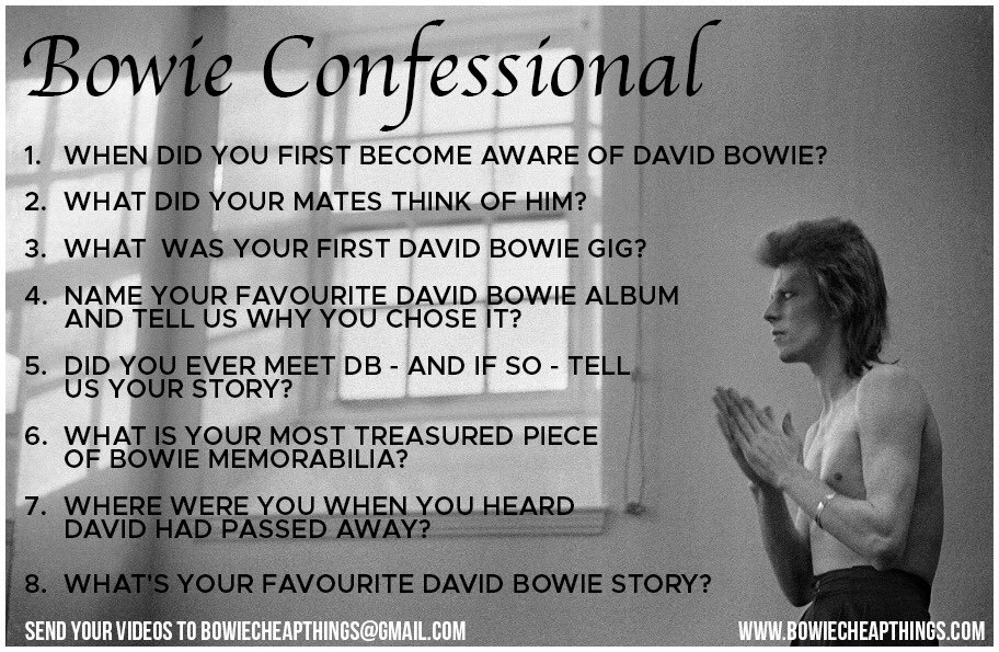 If you have a love of David Bowie you’d like to share then u might fancy taking a starring role in our patreon.com/cheapthings BOWIE CONFESSIONAL series!  Film yourself answering the Q’s below &amp; wetransfer to bowiecheapthings@gmail.com and we’ll post it! #bowie <a href="/DavidBowieReal/">David Bowie Official</a> X