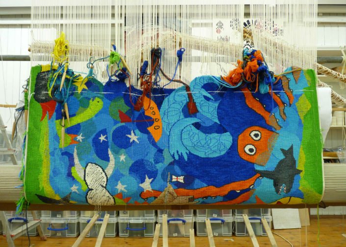 CharterhouseEC1's tweet photo. A tale of shipwrecks and the sea: Philip Sanderson of @westdeancollege #tapestrystudio tells the story of the special commission created for the Charterhouse in collaboration with St John the Evangelist school in #Islington #craft #art #history #museum https://t.co/CQTKj0w8ax https://t.co/LCh5tuy2aE