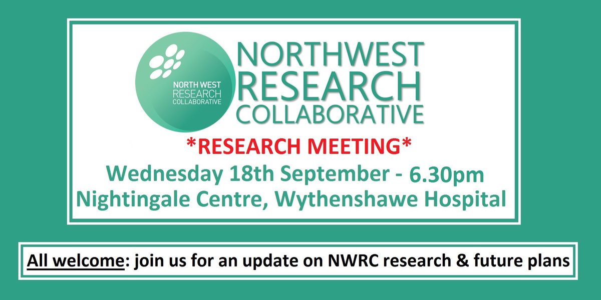 <a href="/NWRCsurgery/">NWRC</a> Research Collaborative are pleased to invite surgeons of all grades to our research meeting: Weds 18 Sept, 18.30, Nightingale Centre, Wythenshawe Hospital. Join us for a NWRC research update&amp; a chance to get involved in exciting new research projects. Don't miss out!