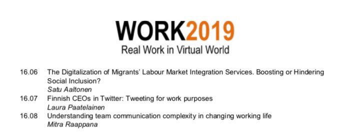 pisotalus's tweet photo. Tänään Helsingissä on meneillään Work2019-konferenssi. Tutkimusryhmämme tuloksia esitellään esitelmässä ”Finnish CEOs in Twitter: Tweeting for work puposes”, jonka pitää @laurapnen #work2019 https://t.co/yvW1e7ltAB