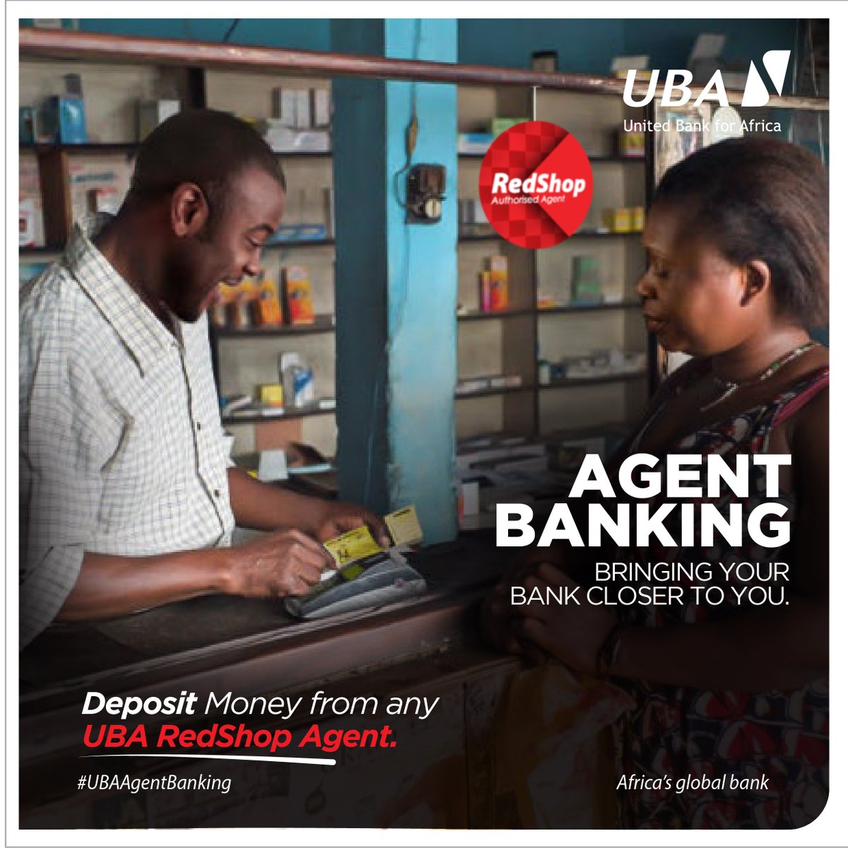 UBAUganda's tweet photo. Spend most of your time managing your business because the bank has been brought closer to you. 😎 😎 😎 You can now deposit money at any of our licenced RedShop Agent banking outlets.

#RedShopAgentBanking
#RedShop
#UBAAgentBanking
#AfricasGlobalBank https://t.co/QL9BUp7Hi3