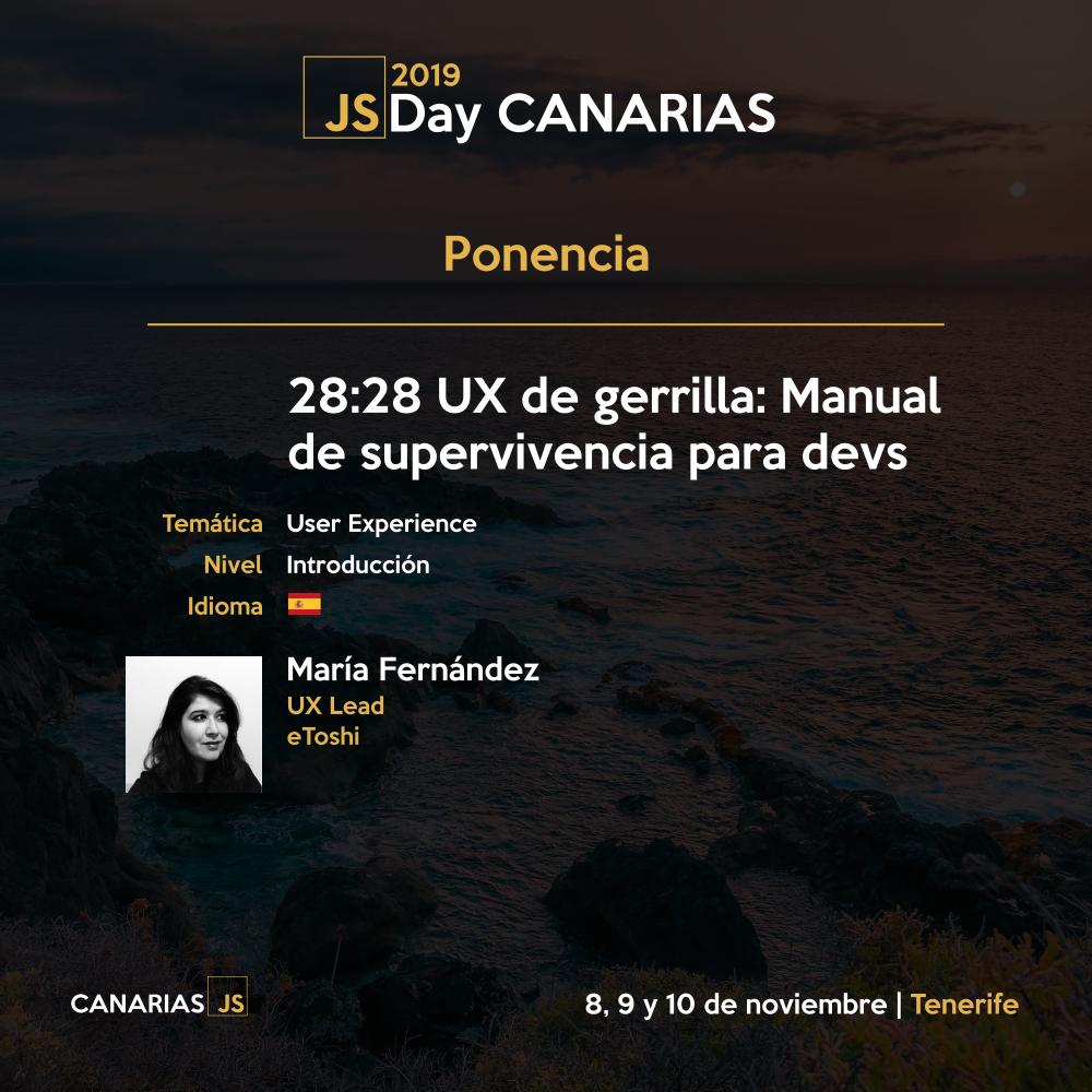 canariasjs's tweet photo. María Fernández (@meri_minimeri) es, #UX #Lead en #eToshi y en el #JSDayCAN2019 nos dará unas pautas muy interesantes para nuestro trabajo diario con su ponencia "28:28 #UX de guerrilla, manual de supervivencia para devs". https://t.co/DWwga6EGRu