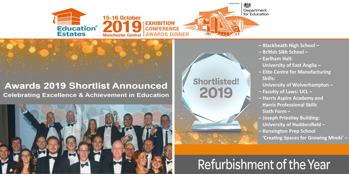 EduEstates's tweet photo. Shortlist announced for Education Estates - Refurbishment of the Year Award recognising a school, college or university refurbishment project that has made a difference to educational or research experience. https://t.co/8Puq0SmVzE #EduEst19 #education https://t.co/suZLBGSRbP