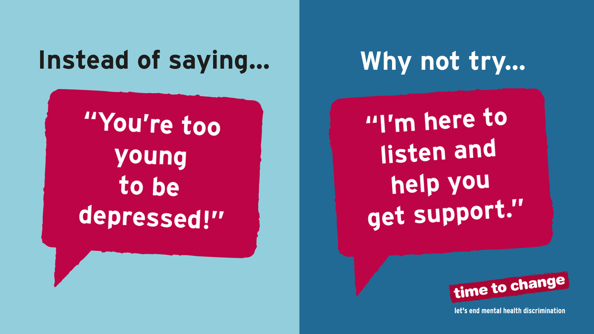 TimetoChange's tweet photo. When someone opens up to you about mental health, the way you react can make a really big difference. 

Before saying something, think twice about whether it's going to be supportive &amp; validating 👍 https://t.co/J9B9LElnxy