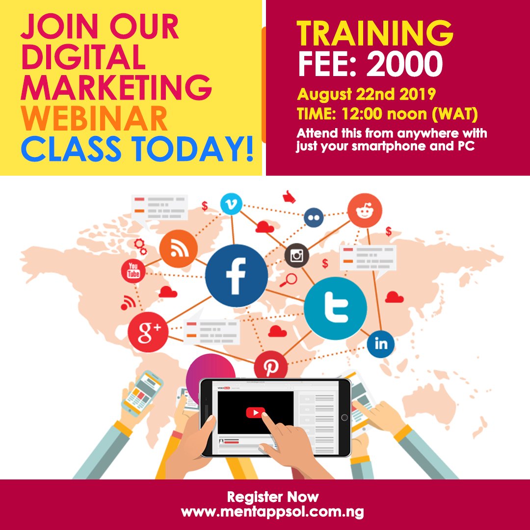 MenTapps's tweet photo. Don’t miss the opportunity to get hands-on skill on digital marketing. Even at the comfort of your home.

Register here 
https://t.co/ZlnkZoovGU 
Training fee: 2000 Naira only
For more info
Contact us via whatsapp 09063552057
Live broadcast
#digitalmarketing #webinar #mentapps https://t.co/JEc8Dhg1oC