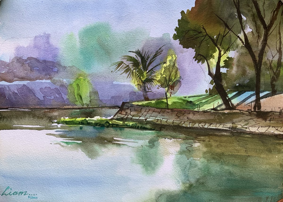 #watercolor #watercolour #art #artist #painting #landscape #nature #greenery #lakes #ponds 
#trees #archespapers #archespaper #canson #winsorandnewton #original