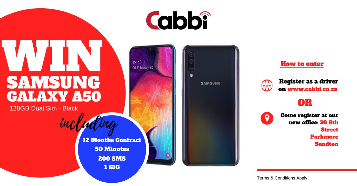 Cabbi_SA's tweet photo. Sign up as a driver with Cabbi and stand a chance to win a Samsung A50

To enter the competition participants need to register as drivers on https://t.co/JinfWUsfiF or  at the Cabbi office at 30 8th street, Parkmore, Sandton

Terms &amp; Conditions Apply : https://t.co/VItUsiOsq3 https://t.co/9qazoTKiOH