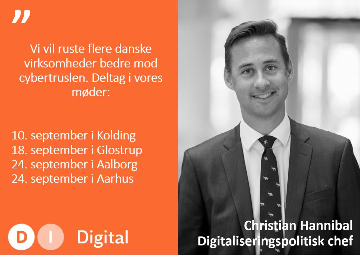 di_digital_'s tweet photo. Cyberkriminalitet er den største trussel mod virksomheder i Danmark, og angrebene bliver stadig mere avancerede og ødelæggende. Derfor afholder vi fire landsdækkende møder om, hvordan virksomheder bedst sikrer sig mod cybertruslen.

https://t.co/0mDL28zDnC

#itpol #dkpol #digdk https://t.co/NdNqTto32N