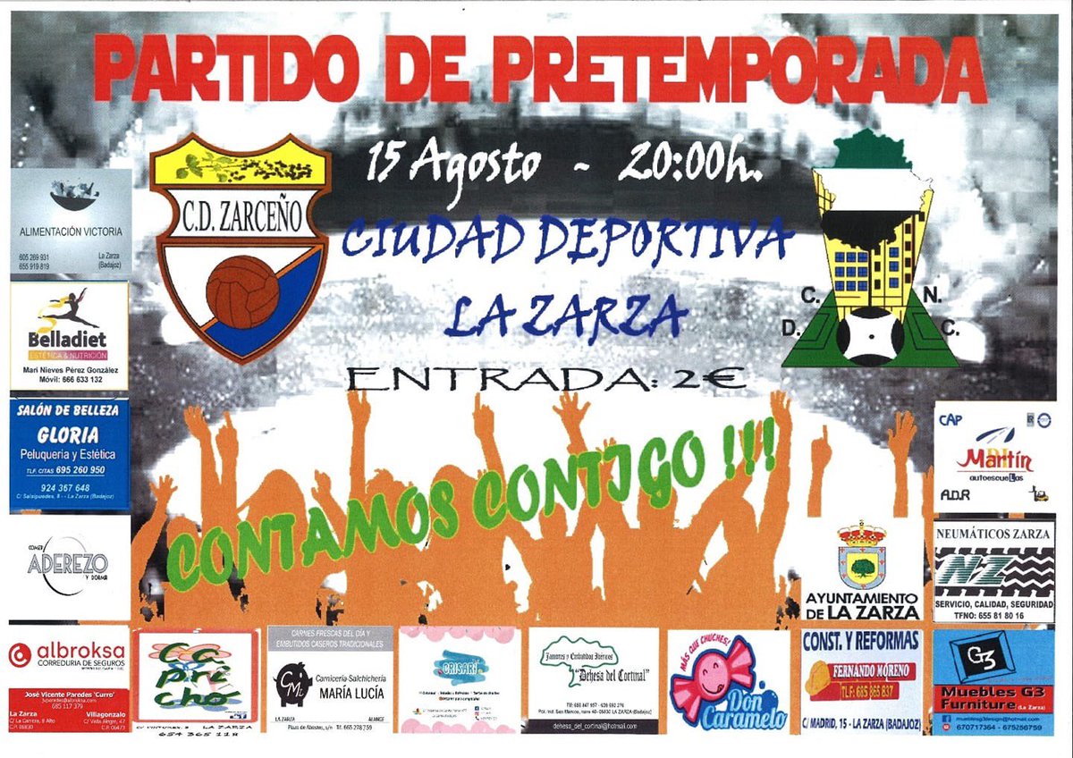 🥁🥁 PARTIDAZO ESTA TARDE 🎷🎷

Justo un año después...‼️‼️ 

👋🏻 Nos vemos 👋🏻 de nuevo con nuestros amigos y vecinos del <a href="/ciudad_e/">E.F Nueva Ciudad</a> <a href="/CDNuevaCiudad80/">C.D. Nueva Ciudad</a> ...

✍️📝 TOMEN NOTA... ✍️ 📝 

🕗 20:00 h

🏟 Ciudad Deportiva de La Zarza 

#vamosZarceñitoVamosCampeón

⚪️🔵🙌🙌⚪️🔵👏🏻👏🏻⚪️🔵🙌🙌