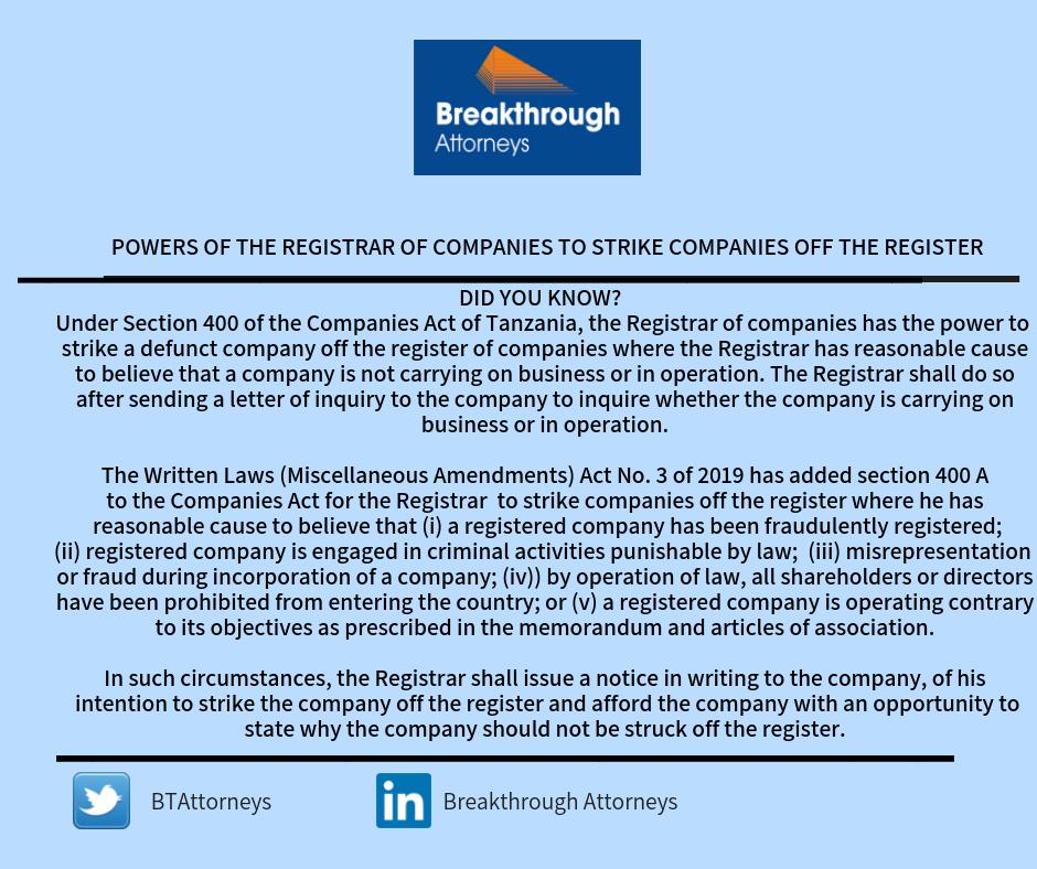 BTAttorneys's tweet image. #DidYouKnow that the Registrar of companies at the Business Registration and Licensing Agency (BRELA) has been granted additional powers to strike off a company fraudulently registered or conducting illegal business in Tanzania?
#LegalTipsThursday
#CompanyLawUpdate