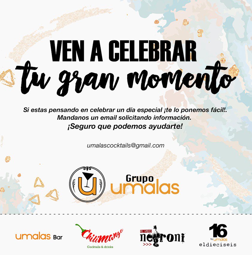 Umalascocktails's tweet image. ven a celebrar tu gran momento 
Pídenos info en cualquiera de nuestros establecimientos .
umalascocktails@gmail.com 
#eventos #boda #postboda #weeding #irdepropio #zaragoza #zaragozadestino