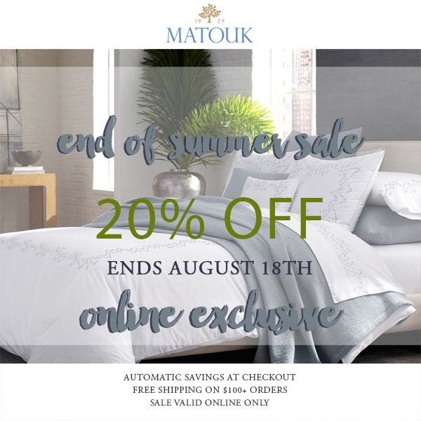 PicketFenceSV's tweet photo. Save 20% on MATOUK Online Now! + Free Shipping on $100+ Orders - https://t.co/9PuRLTjyp0 https://t.co/Q1IHlLYcYP