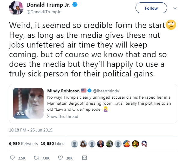 The account Trump just quote tweeted is not only a QAnon account, but the same QAnon account that played a crucial role in spreading a false claim about E. Jean Carroll in June that eventually reached Trump Jr.  https://www.mediamatters.org/donald-trump/heres-how-fringe-smear-targeting-e-jean-carroll-reached-donald-trump-jr