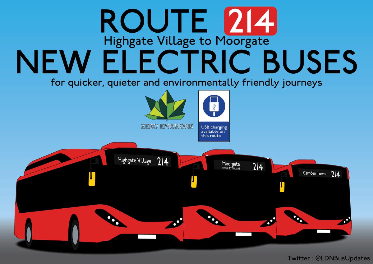 From the 17th of August, Route 214 between #HighgateVillage, #KentishTown, #CamdenTown, #KingsCross, #AngelIslington and #Moorgate will receive brand new fully electric buses. USB charging will be available on this route.