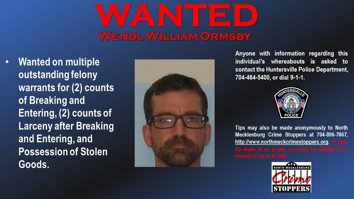 HuntersvillePD's tweet photo. WANTED: Ormsby has multiple warrants for his arrest for taking things that don't belong to him. Any info, call us or N. Meck Crime Stoppers. #Wanted #CrimeStoppers #LetsFindHim #CashForTips #WheresWaldo #HuntersvillePD https://t.co/5q1rsYcJsD