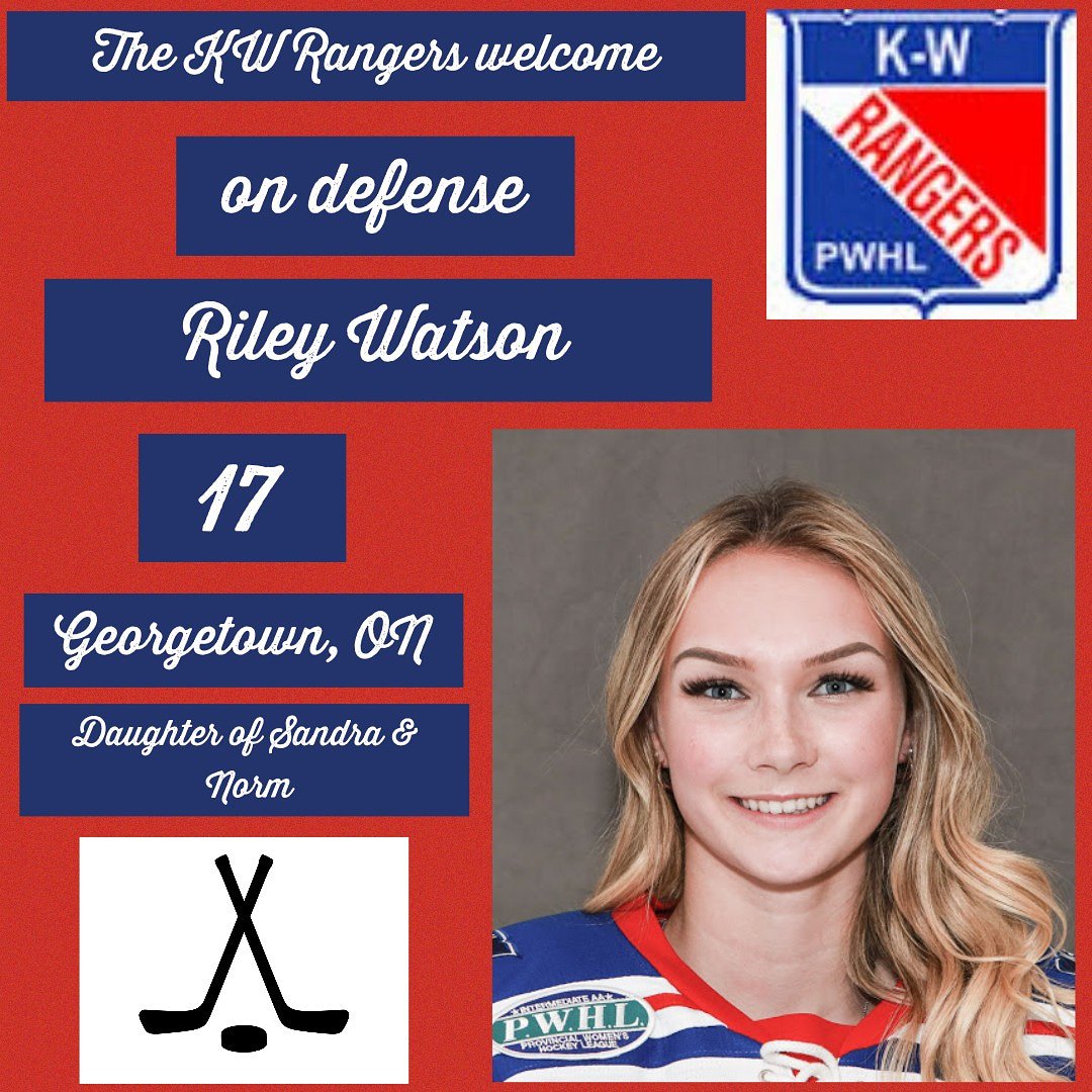 WlooRavensU22AA's tweet photo. Riley Watson, is another welcome addition to our defense core for the upcoming season. Riley joins our team after playing last season with the Ancaster Avalanche Midget AA team. #welcomeRiley #KWRangers #PWHL π΅π΄βͺ https://t.co/wtMLghdMnW