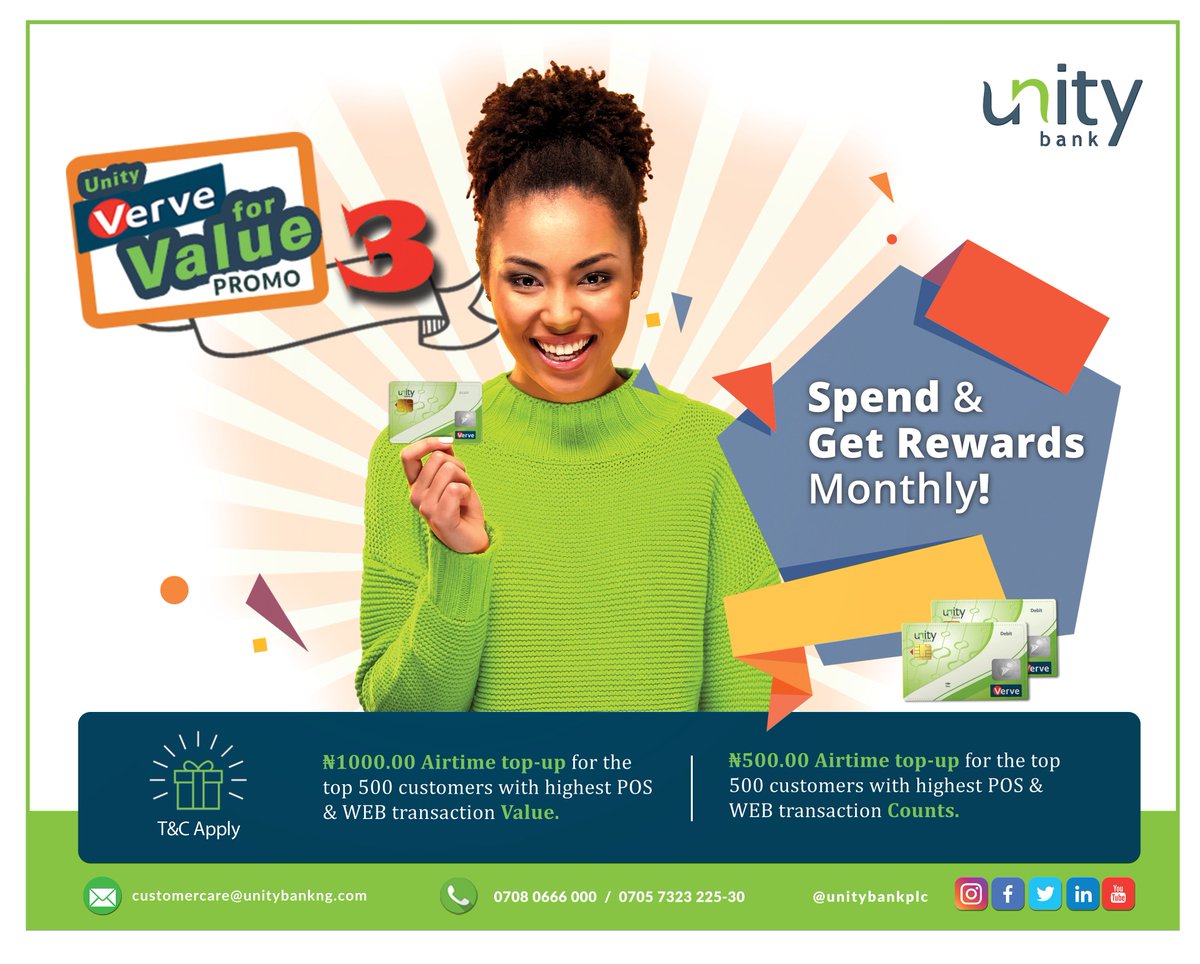UnityBankPlc's tweet photo. We heard good things come in 3's so we brought back the Unity #VerveForValue promo for the third time! Just use your Unity Bank
@VerveCard
at any POS or Web transaction and start getting rewards today! #SucceedingTogether https://t.co/OwpWiYsRaA